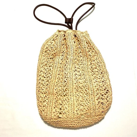 Zara Woven Raffia Straw Drawstring Backpack Tote Bag Neutral - Picture 4 of 15